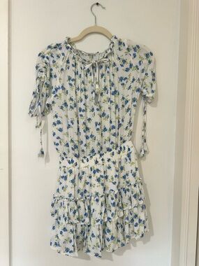 White Floral Tie-Sleeve Mini Dress with Blue and Green Print